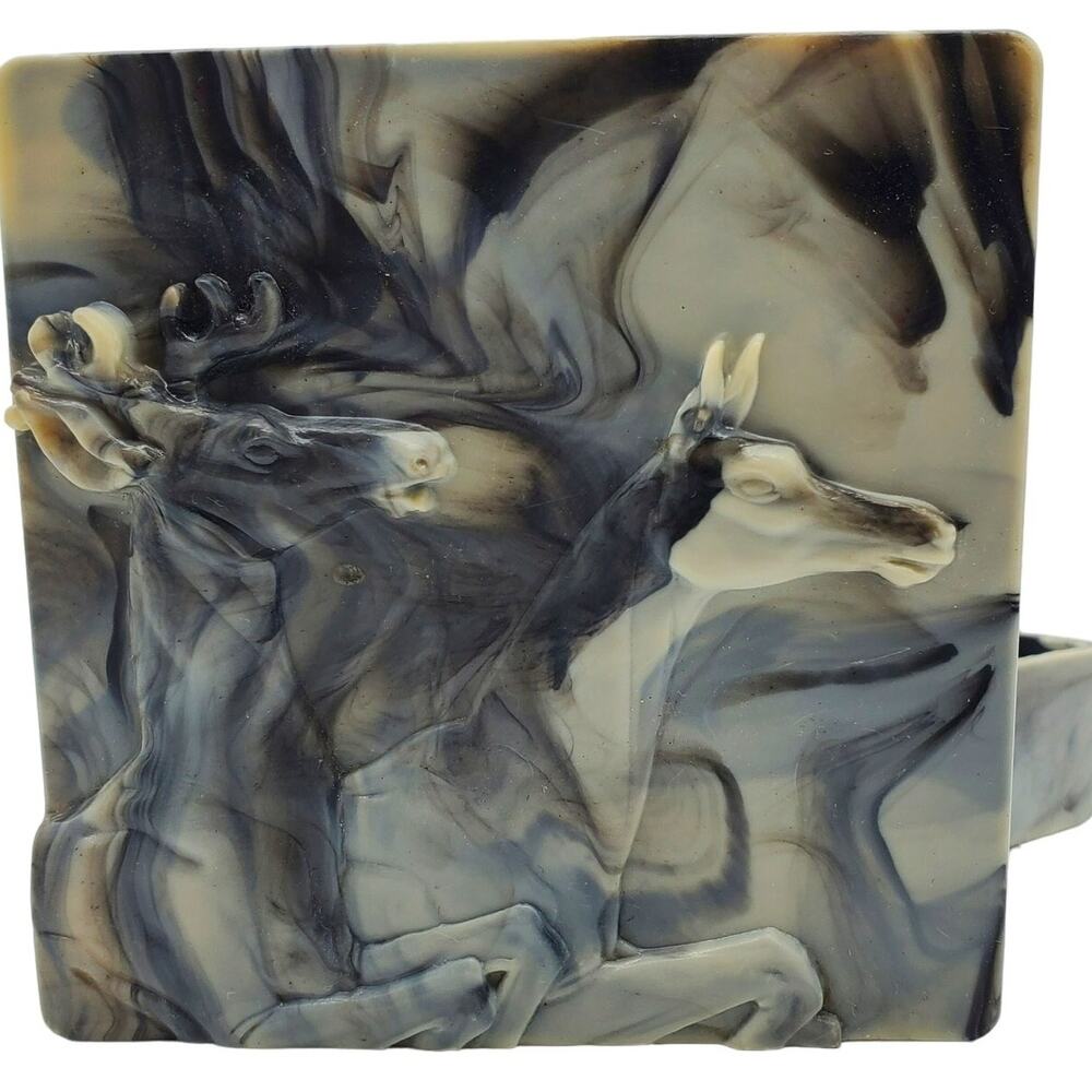 Hickok Stag Box Horse Gray Black Marble Embossed Acrylic Trinket Jewelry Vintage